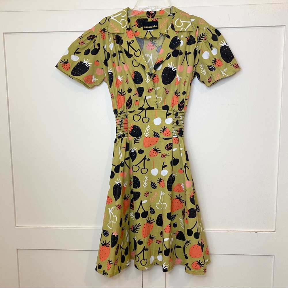 Nooworks Olive Green Mini Dress with Black, Coral, White Fruit Print